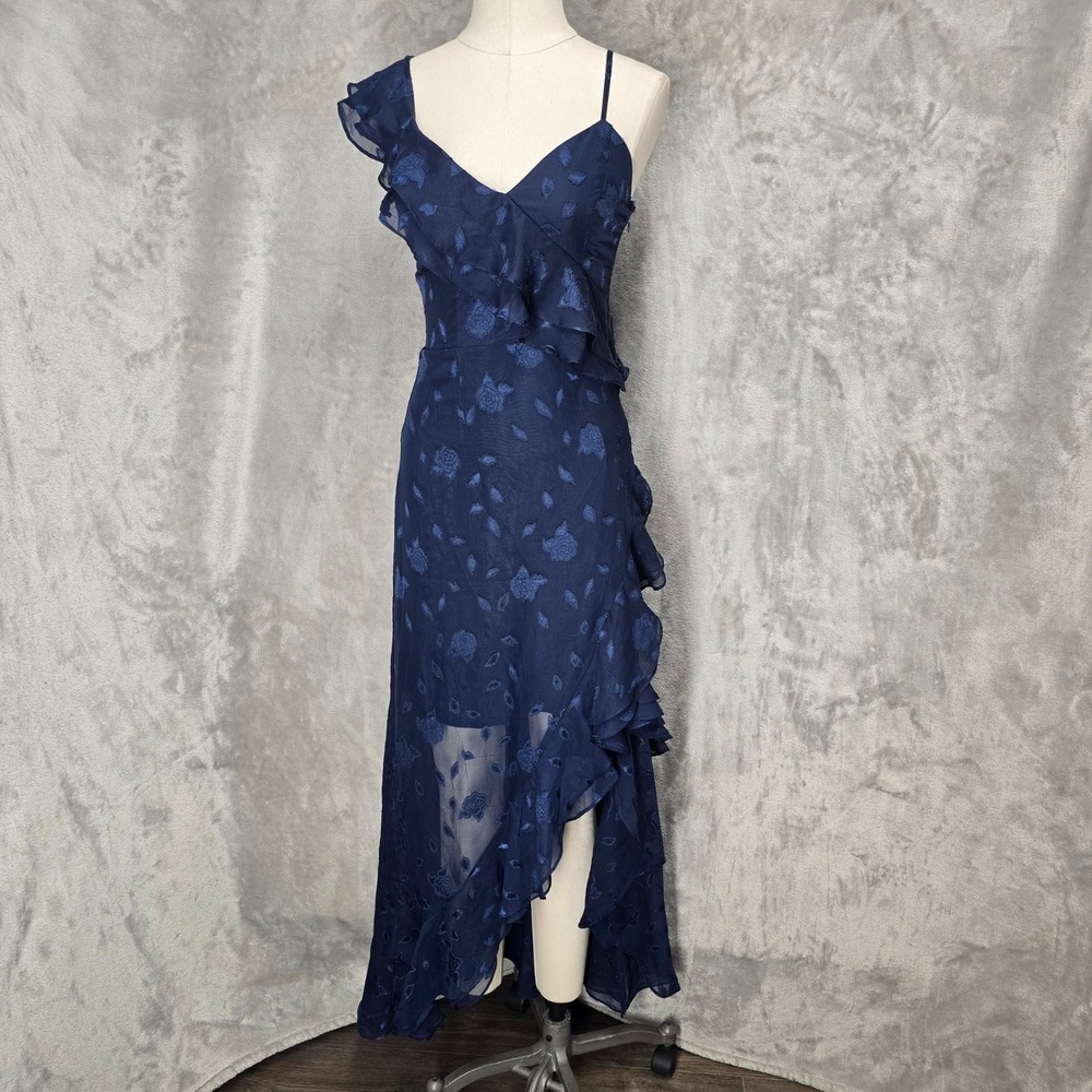 Lulus Maxi Dress Women XS Navy Blue Floral Ruffle Hi Low Sheer Asymmetric Ruffle